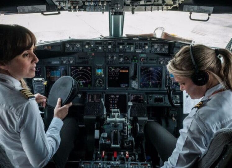 Two pilots at work on an airliner flight deck